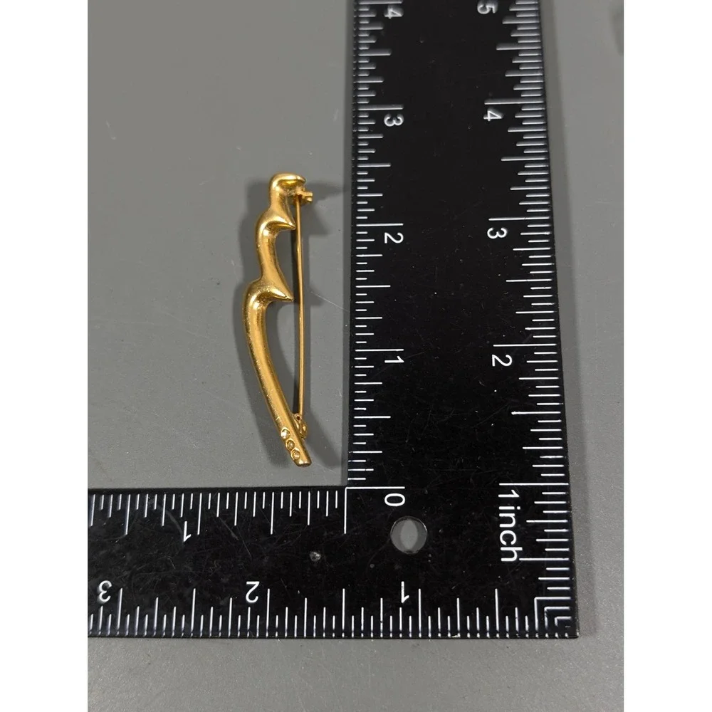 Vintage Gold Tone Matte Abstract Brooch 3‎ Rhinestone Modernist Pin Scribble